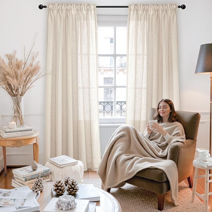 YoungsTex Oatmeal Linen Semi Sheer Curtains 63 Inches Long for Living Room 2 Panels, Light Filtering Window Drapes Natural Textured with Rod Pocket Back Tab for Bedroom, 52 X 63 Inch