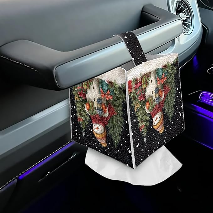 Christmas Tissue Box Cover Holder Square Facial Tissue Case Facial Paper Organizer Dispenser for Bathroom Bedroom Living Room Office Snowman PU Leather Napkin Boxes Covers