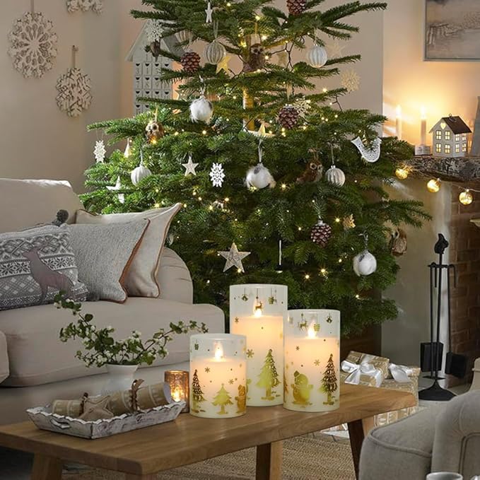DRomance Christmas Battery Operated Flameless Candles Flickering Remote and Timer Glass LED Pillar Candles Moving Wick Real Wax Gold Snowman Christmas Tree Decals Holiday Decor D3 x H4, 5", 6"