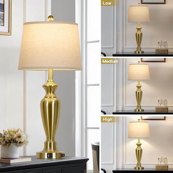 30" Tall Gold Table Lamps Set of 2, Touch Control Bedside Lamp with USB A+C Ports and AC Outlet, 3-Way Dimmable Modern Metal Nightstand Lamp for Bedroom Living Room, 2 LED Bulbs Included