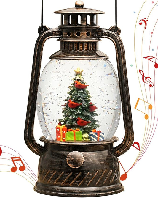 Christmas Decorations Musical Snow Globes Lighted Tree Cardinal Glittering with 6H Time Lantern USB Lined/Battery Operated for Christmas Decorations Indoor Gifts