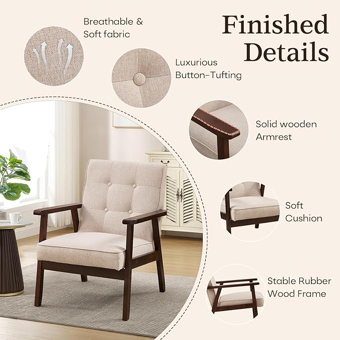 Bonzy Home Fabric Mid-Century Modern Accent Chair Set of 2, Upholstered Armchair with Solid Wood Frame, Reading Chair for Living Room, Bedroom