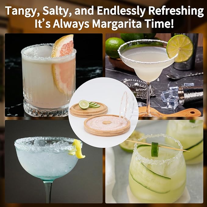 3-Tier Bamboo Margarita Salt Rimmer Set with Garnish Tray - Bartender Tool for Salt, Sugar & Lime - Fits Glasses up to 5.5" for Bars, Home, Parties