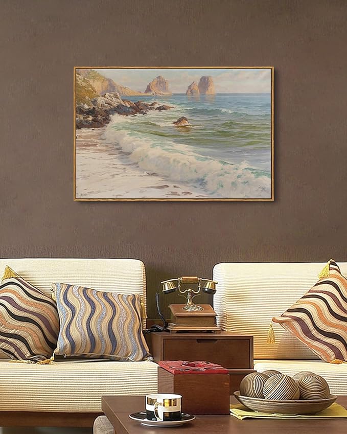 KISSFOX Vintage Ocean Canvas Wall Art Framed Nature Coastal Beach Seascape Paintings Prints Gallery Artwork Aesthetic Pictures Decor Living Room Bathroom Office Bedroom