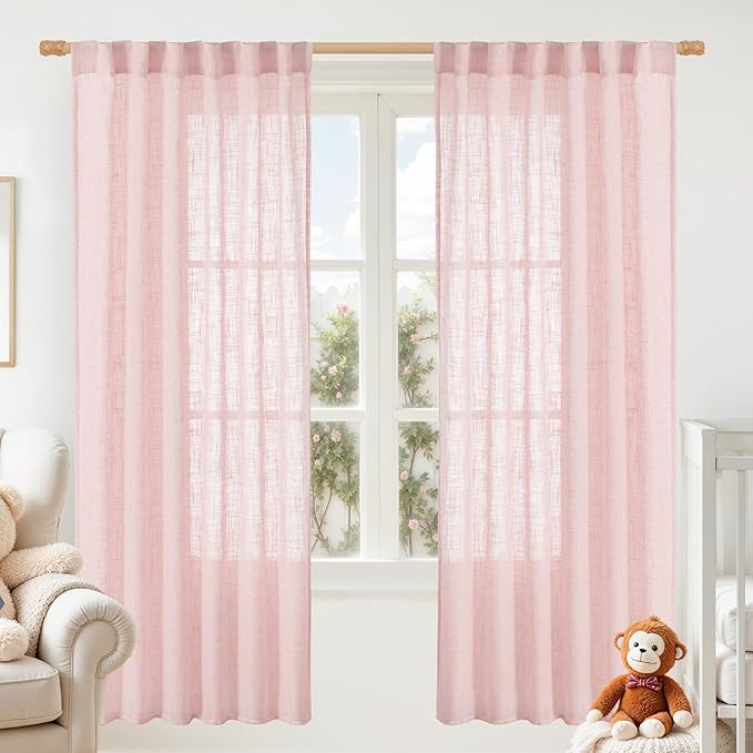 LAMIT 72 inch Pink Linen Curtains for Living Room 2 Panels, Linen Textured Light Filtering Semi Sheer Back Tab and Rod Pocket Farmhouse Curtain Panels for Bedroom/Farmhouse, 52 x 72 Inch