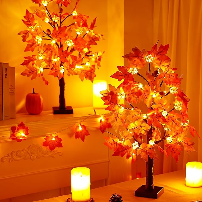 2 Pack 24 Inch Lighted Fall Tree for Fall Decorations with 48 LED Timer Battery Operated Tabletop Prelit Artificial Fall Light Up Tree for Home Indoor Outdoor Autumn Harvest Thanksgiving Table Decor