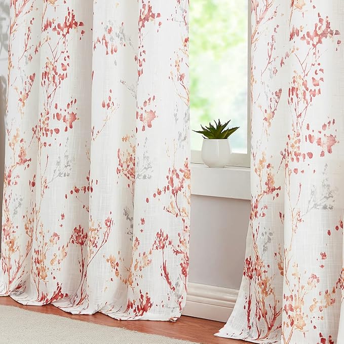 White Semi Sheers Curtains with Red Orange Tree Branch Print Pattern Window Curtains for Living-Room 84" Grommet Top Privacy Curtain Drapes Watercolor Design Curtain Panels 2 pcs