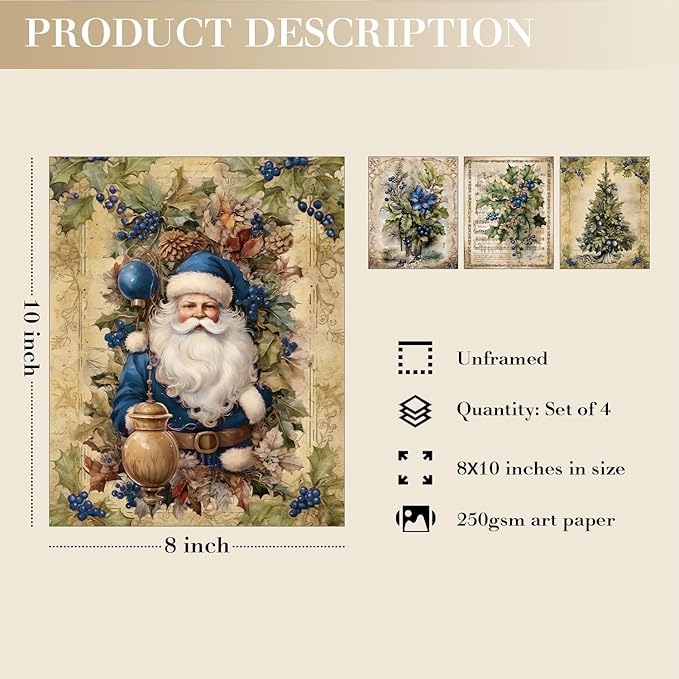 JXREQ Vintage Christmas Pictures Wall Decor Prints,Blue Christmas Wall Art Decorations for Home Kitchen Bedroom Bathroom Living Room Office,Santa Claus Xmas Tree Decor Prints Set of 4,8x10 Unframed