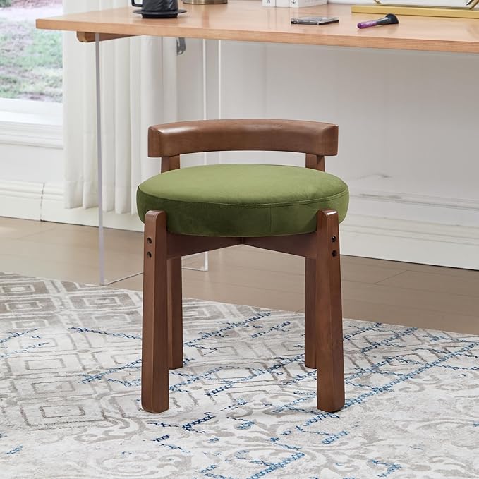 DUOMAY Modern Velvet Vanity Stool, Upholstered Low Back Ottoman with Solid Wood Legs Cute Round Footrest Makeup Stool Dressing Seat for Living Room Bedroom, Green