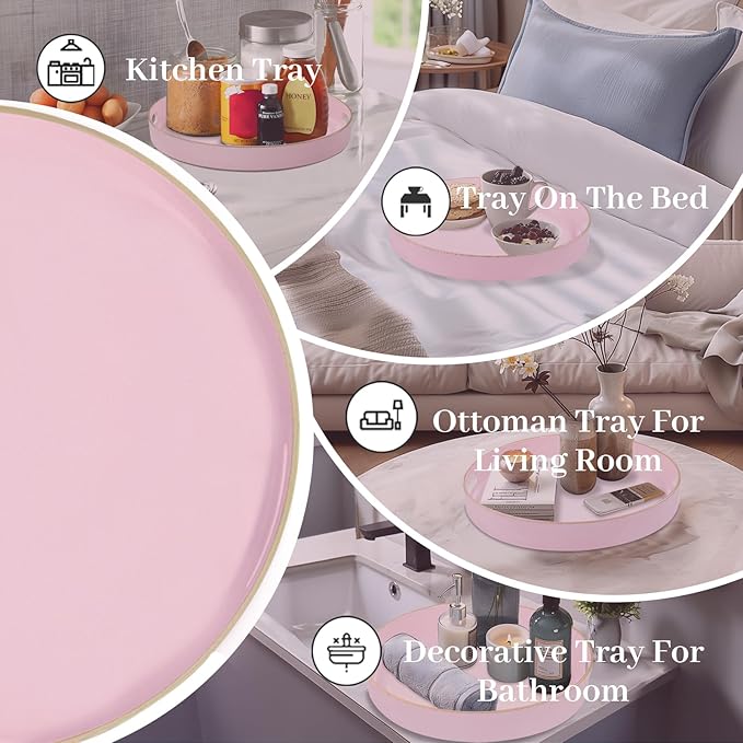 MAONAME 13" Round Tray, Pink Serving Tray with Handles, Modern Decorative Trays for Coffee Table, Plastic Ottoman Trays for Ottoman, Bathroom, Decor
