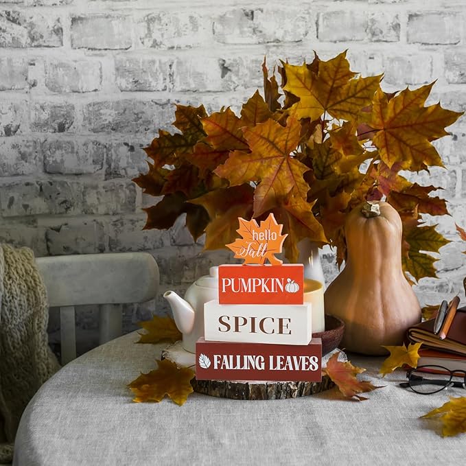 4 Pcs Fall Decor Wooden Table Centerpieces Fall Maple Leaf Block Sign Decorations for Home Wooden Tiered Tray Decor for Tabletop Decor Autumn Harvest Party Home Kitchen