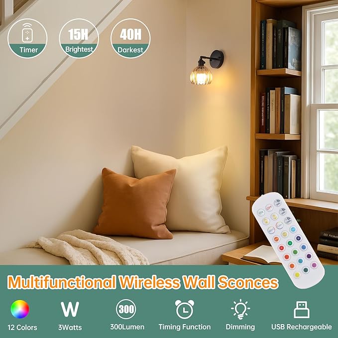 Vintage Battery Operated Wall Sconce with Cute Amber Tulip Glass Lampshade Wireless Rechargeable Battery Powered Black Wall Light with Remote Control for Bedside Bedroom Doorway