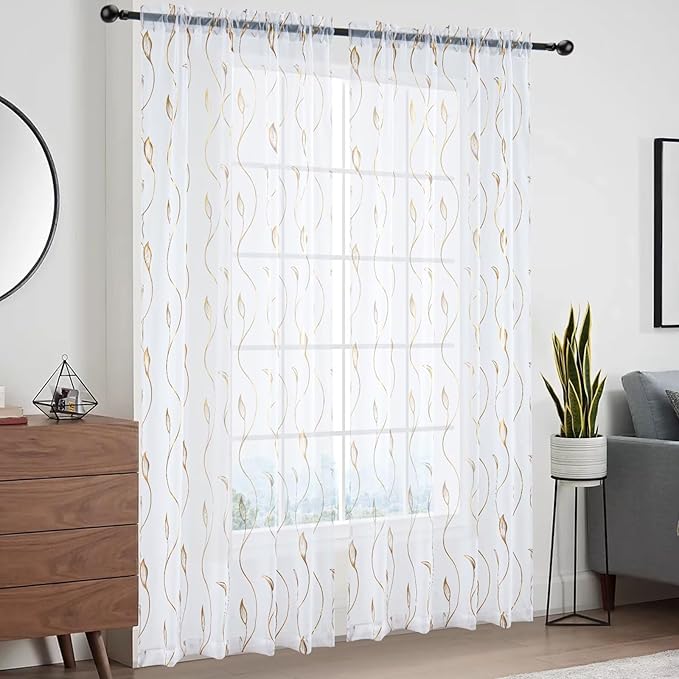 Gold Foil Print Sheer Curtains 84 inches Long, 2 Panels Ginkgo Bronzing Treatment Sheer Curtain, Rod Pocket Window Treatment Panels for Bedroom Living Room