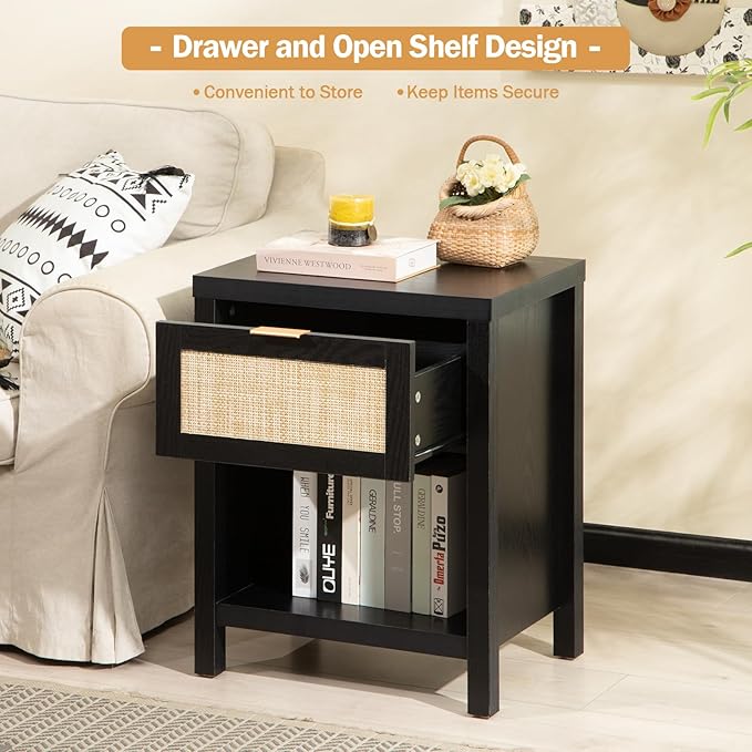 SICOTAS Rattan Nightstand, Farmhouse Night Stands with Drawer, Boho End Side Table for Bedroom, Small Space, Black Oak
