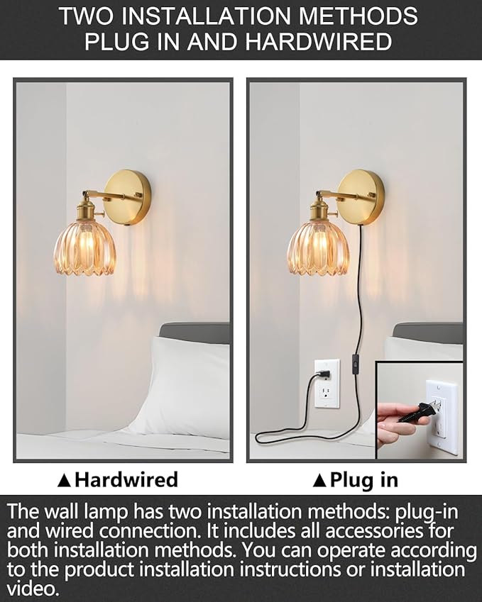 Plug in and Hardwired Wall Sconces, Luxury Vintage Tulip Crystal Glass Shade Wall Light with Switch for Bedside Bedroom Living Room (Tulip-Amber, 1)