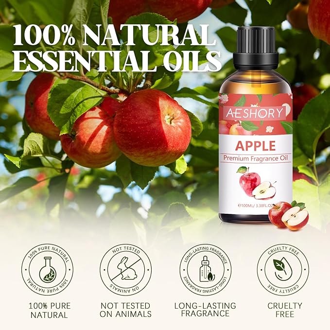 Apple Fragrance Oil 3.38FL.OZ - Aromatherapy Essential Oils for Diffusers for Home, Apple Scented Oils for Massage, Soap Candle Making Scents - 100ML