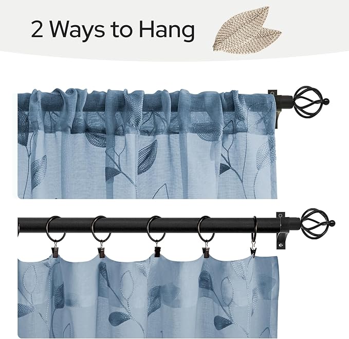 HOMEIDEAS Stone Blue Sheer Kitchen Curtains 30 X 36 Inch Length 2 Panels Embroidered Leaf Pattern Short Bathroom Window Curtains for Small Window Valance Tiers