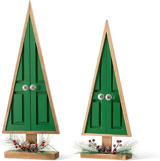 Glitzhome Tabletop Wooden Christmas Tree Set of 2 with Pinecones and Berries for Xmas Holiday Home Decorations, 19" H, Green