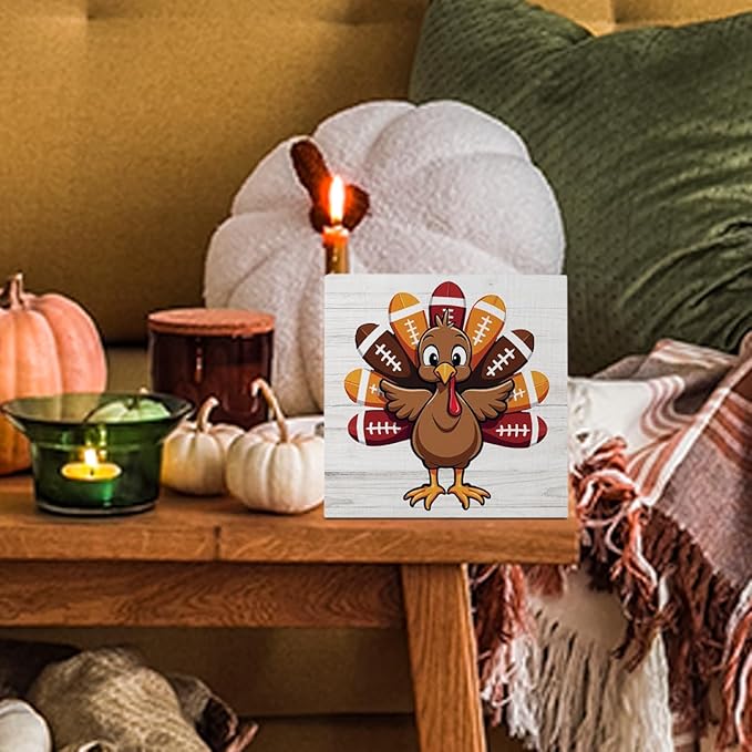 Fall Thanksgiving Football Turkey Sign Autumn Office Bedroom Dining Room Decor Wooden Box Block Plaque Wood Products Sign for Desk Table Tabletop Decor 5 x 5 inches Tub1604
