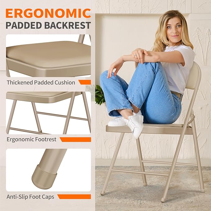 4 Pack Folding Chairs with Cushion – Padded Memory Foam Khaki Seating Space-Saving Foldable Chairs for Indoor Outdoor Weddings, Parties, Backyard & Office Events (Khaki, 4 Pack)