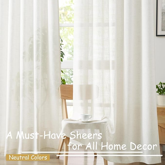 Treatmentex Flax Blend Linen Semi Sheer Curtains 52 x 45 White Light Filtering Privacy Curtains for Small Windows Rod Pocket, 2 Panels