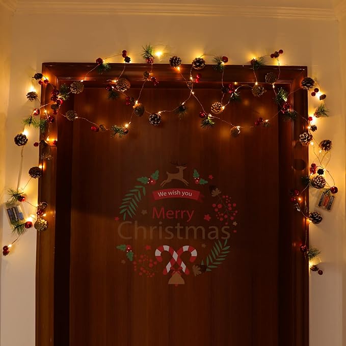 10FT Enchanting Christmas Garland with 30 LED Lights Battery Operated-Realistic Red Berries & Pine Cones Decor for Tree,Fireplace Mantel,Indoor Holiday Home Decor (9.8Ft)