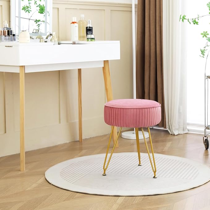 Velvet Vanity Stool Chair, Round Makeup Vanity Chair with Adjustable Metal Legs & Soft Padded Seat, Ottoman Foot Stool for Bedroom, Living Room, Entryway, Pink