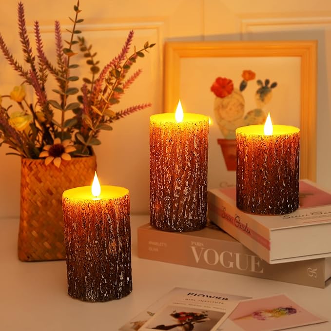 Flameless Candles Battery Operated Pillar Pine Effect Real Wax Flickering 3D Wick Electric LED Decorative Candle Sets with Remote Control Cycling 24 Hours Timer, 4" 5" 6" Pack of 3