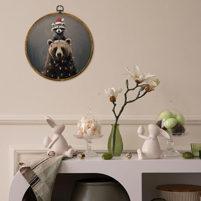 QZQE Christmas Raccoon Bear Round Wall Art Decor Framed, Christmas Holiday Circle Canvas Prints, Rustic Winter Xmas Animals Circular Wall Hanging Decor for Home Bedroom Nursery Room, 10x10 Inch
