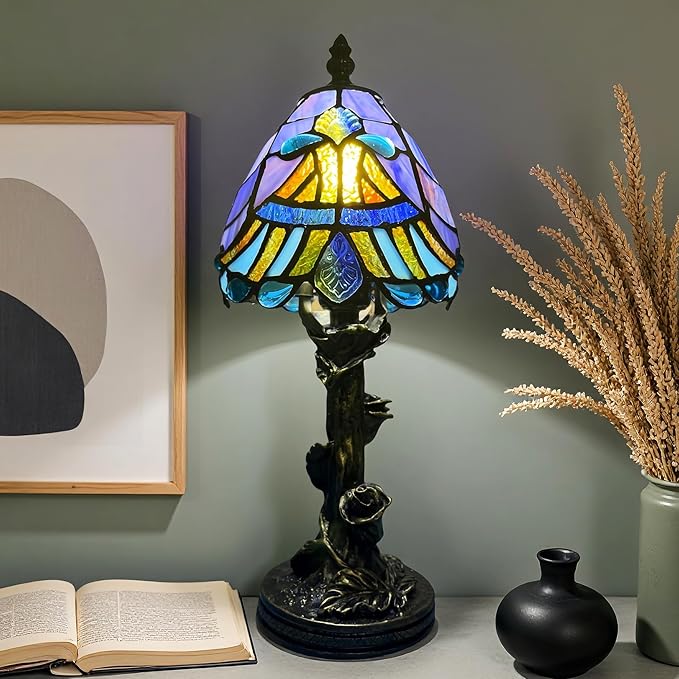 Small Tiffany Style Lamp,Blue Baroque Mini Stained Glass Tiffany Lamps for Living Room Home,Bedroom Bedside Vintage Lamp for Office Dorm Bar Decor Gift,Included LED Bulb