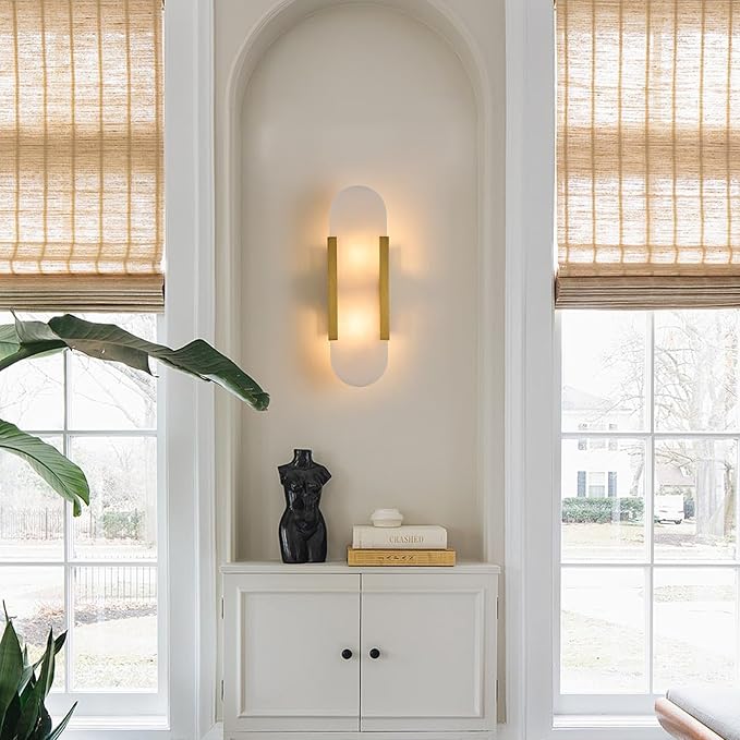Fanyank-13.8in Alabaster Wall Sconce,Natural Marble Wall Lighting,Gold Wall Light Fixtures for Bedroom Stairs, Living Room, Vanity, Hallway Bedside(Bulb Included)