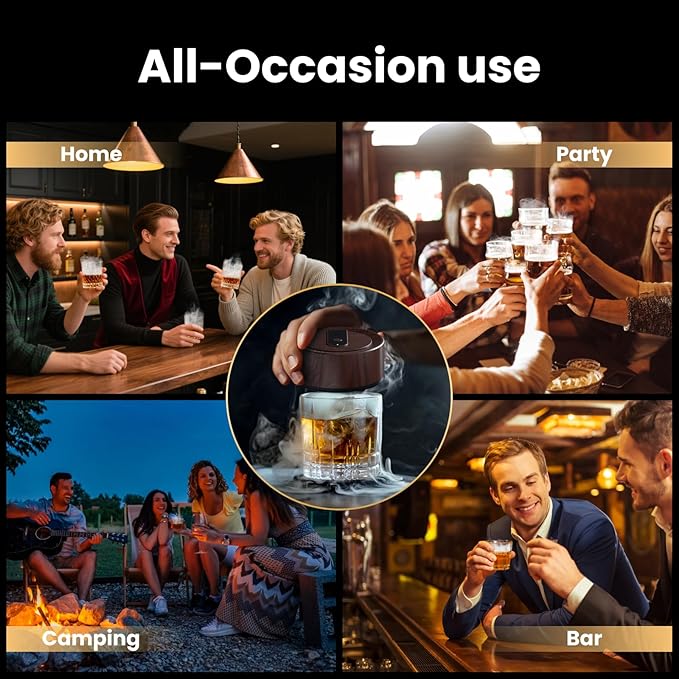 Electric Whiskey Smoker Kit with 8 Wood Chip Flavors – Rechargeable Whiskey Smoker Set with Built-in Ignition, Fuel-Free – For Men, Dad, Husband on Special Occasions – Wood Grain Design