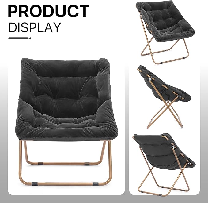 Athena Collection Saucer Chair for Adult, Square Comfy Cozy Chair Folding Chair Faux Fur Metal Frame Foldable Reading Chair Accent Chair for Bed Room Living Room Set of 2, Black