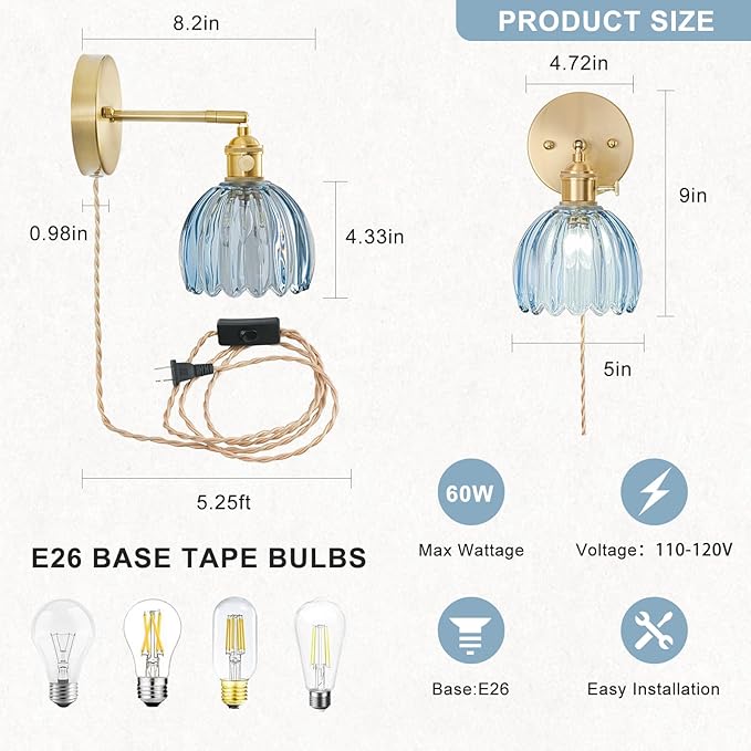 Plug in Wall Sconce, Vintage Sconce Light with Tulip Denim Blue Glass Lampshade, 180° Adjustable Wall Sconce with Switch and Plug in Wall Lamp Cord, Gold Wall Light for Bedroom Bedside