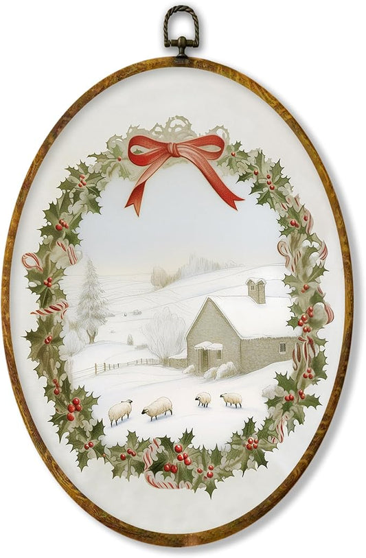 XPH Rustic Christmas Lamb Oval Wall Art Framed, Rustic Winter Landscape Oval Wall Decor, Farmhouse Cozy Winter Wreath Hanging Canvas Prints for Home Bedroom Living Room Decoration, 8.6x11.4 Inch