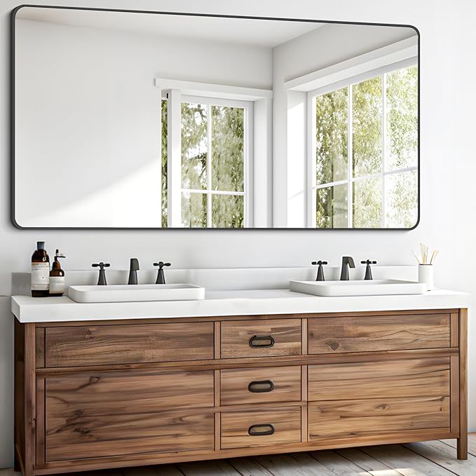 FORBATH Bathroom Mirror 30" X 60",Large Rectangular Wall Mirror, Black Metal Framed Rounded Corner Wall Mounted Mirror for Bathroom Bedroom Entryway Decor(Horizontal/Vertical)