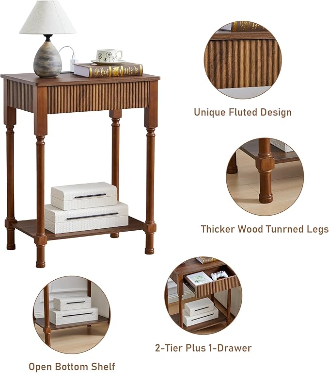 23.6” Large End Table with Charging Station, Modern Farmhouse Side Table Sofa Tables with Fluted Drawer, Wooden Bedside Table Night Stand for Bedroom Living Room Home Office, Walnut