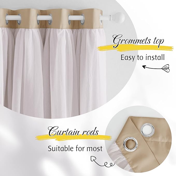 NICETOWN Curtains 84 inches Long - Farmhouse Curtains for Bedroom Living Room Decor Double Layer Grommet Blackout Soundproof Darpes with Crushed White Sheer, Biscotti Beige, 52W x 84L, 2 Panels
