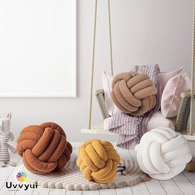 Uvvyui Knot Pillow Ball, Soft Home Decorative Pillows, Round Throw Pillow, Handmade Knotted Plush Pillow, Round Boucle Pillow Cushion (Medium (Pack of 1) Cream)