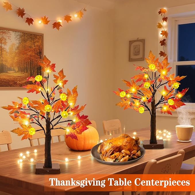 2 Pack 24 Inch Prelit Fall Maple Tree Thanksgiving Decorations, 48LEDs Timer Acorn Pumpkin Lights Fall Decorations for Home Battery Operated Wedding Party Table Autumn Harvest Halloween Fall Decor