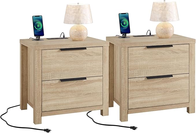 21" Farmhouse Nightstand Set of 2 with Charging Station 2 Drawers Large End Table with Metal Handle Rustic Low Night Stand Wood Dresser for Living Room Bedroom Closet,Natural Oak