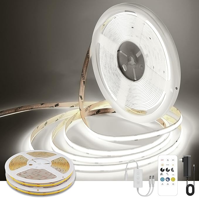 COB LED Strip Lights Cool White,24V Dimmable led Light Strip KIT with Remote and app Control,6000K 65FT/20m 8mm Wide Ra>90 Cuttable Flexible Strip Lights for Bedroom,Shelf,Cabinet