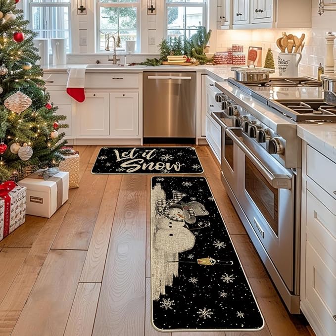 Artoid Mode Let It Snow Snowflake Snowman Light Christmas Decorative Kitchen Mats Set of 2, Home Party Low-Profile Kitchen Rugs - 17x29 and 17x59 Inch
