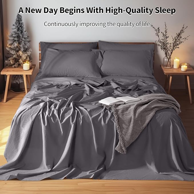 LBRO2M 100% Linen Sheet Set California King Size, Bed Sheets 6 Piece Sets,Solid Color Natural Flax Bed Sheets Soft Breathable Bedding,16" Deep Pocket,All Season (Cal King, Dark Grey)
