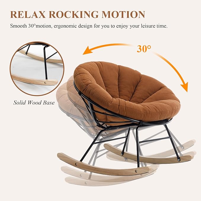 NIOIIKIT Nursery Saucer Rocking Chair, Corduroy Upholstered Round Glider Chair, Nursing Chair with Comfy Cushion, Tufted Papasan Chair, Cozy Reading Chair for Living Room, Bedroom (Brown)