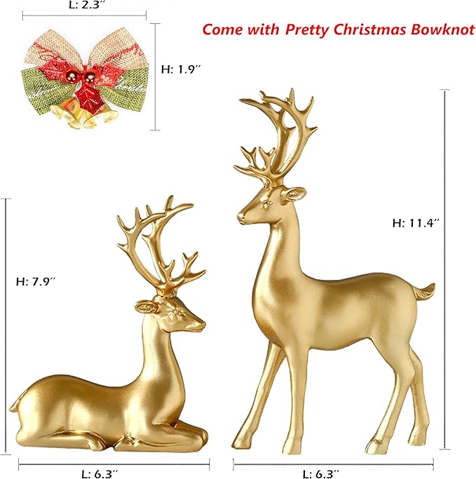 FANTESTICRYAN 2pcs Reindeer Sculpture Gold Resin Christmas Elk Statues Home Office Decorative Displays for Living Room, Bedroom, Bathroom, Bookshelf, Desktop, Cabinets (Golden Large)