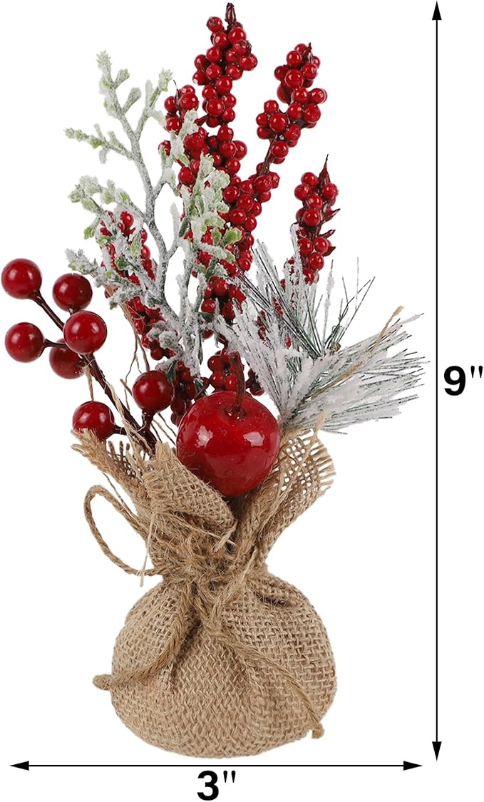 winemana 6 Pcs Mini Christmas Tree Table Decorations, 9" Small Artificial Trees with Red Berries Pine Cone Tabletop Centerpiece for Home Office Room Holiday Decorations