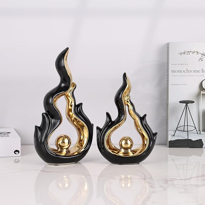 2 Pcs Black and Gold Ceramic Sculptures for Home Decor, Modern Abstract Art Statues, Centerpieces for Dining Room Table, Living Room, Shelf, Mantel, Coffee Table, Entryway Accent Decorations