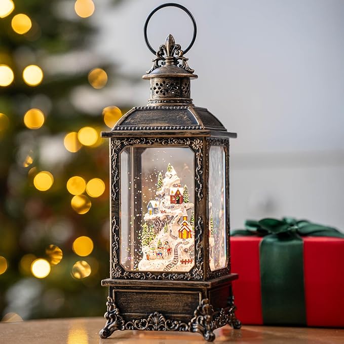 Christmas Village Snow Globe Lantern Musical Lighted Snowy Mountain Village Water Lantern with Swirling Glitter Decoration for Christmas Home, Living Room, Battery Operated or USB Powered