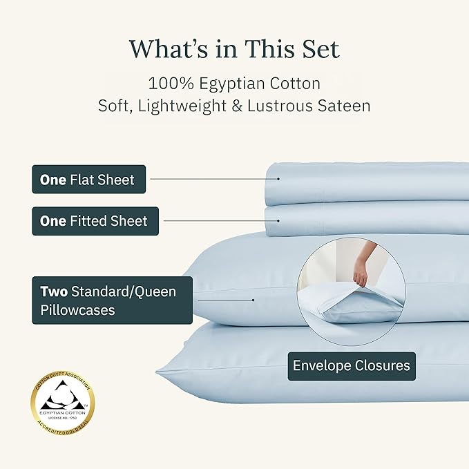 California Design Den Certified 100% Egyptian Cotton Sheets Full Size Bed Set - Soft Sateen, Deep Pocket Bed Sheets with Anti-Skid Elastic, Cool and Durable Luxury Bedding - Light Blue